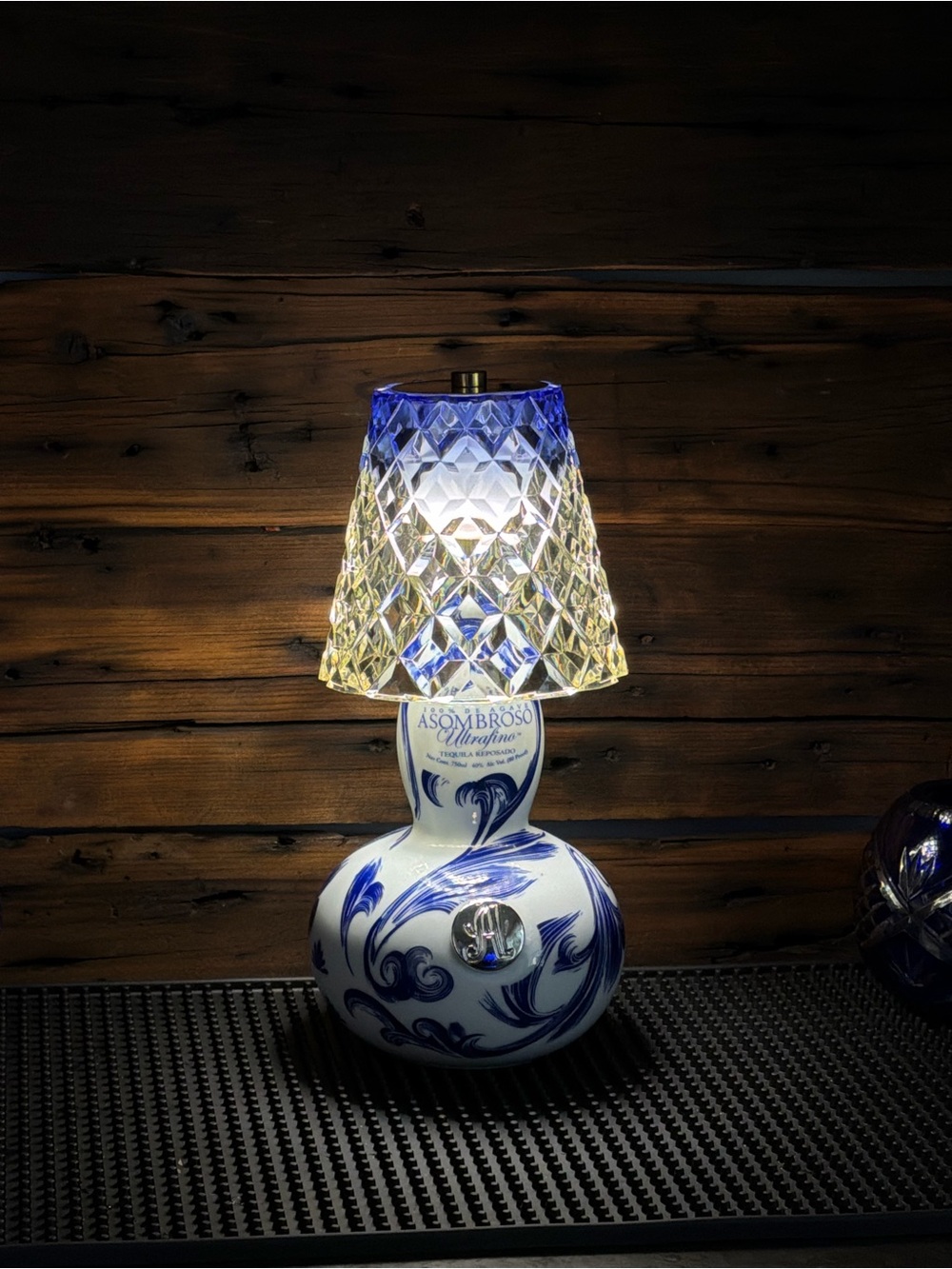 Repurposed Asombrosa Tequila bottle with usb rechargeable accent light
